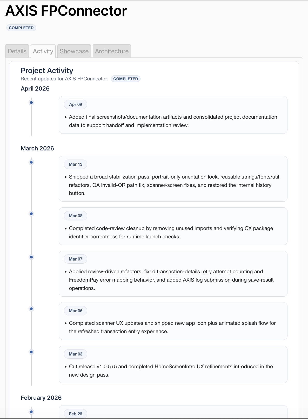 My Website project detail page activity timeline