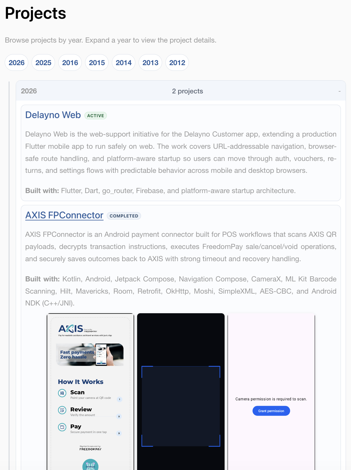 My Website projects timeline grouped by year
